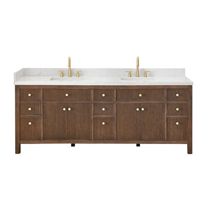 Double Bathroom Vanity in Brown Oak Grain White Engineered Stone Countertop