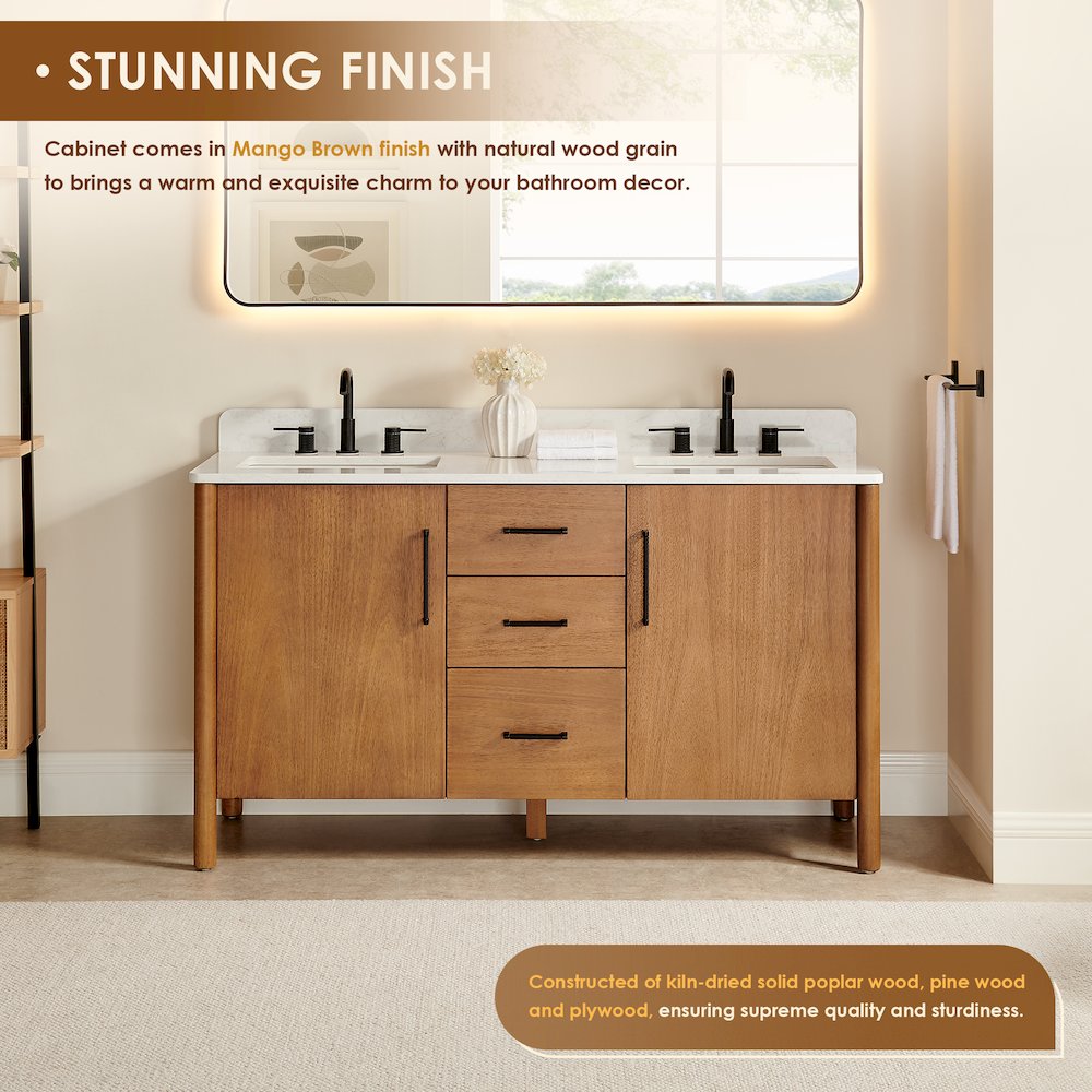 60" Double Bathroom Vanity in Mango Brown with Grain White