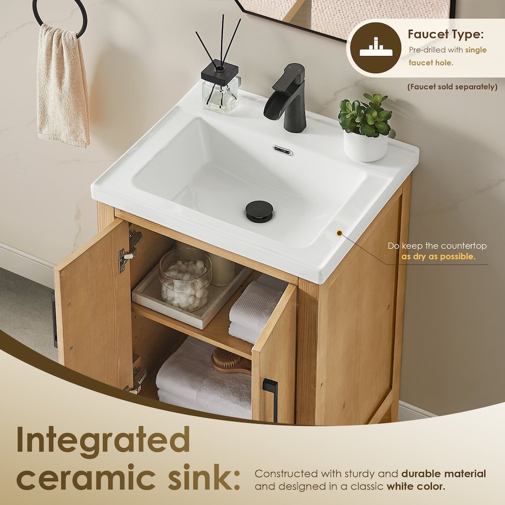 24" Single Bathroom Vanity in with White Ceramic Intergated Sink without Mirror