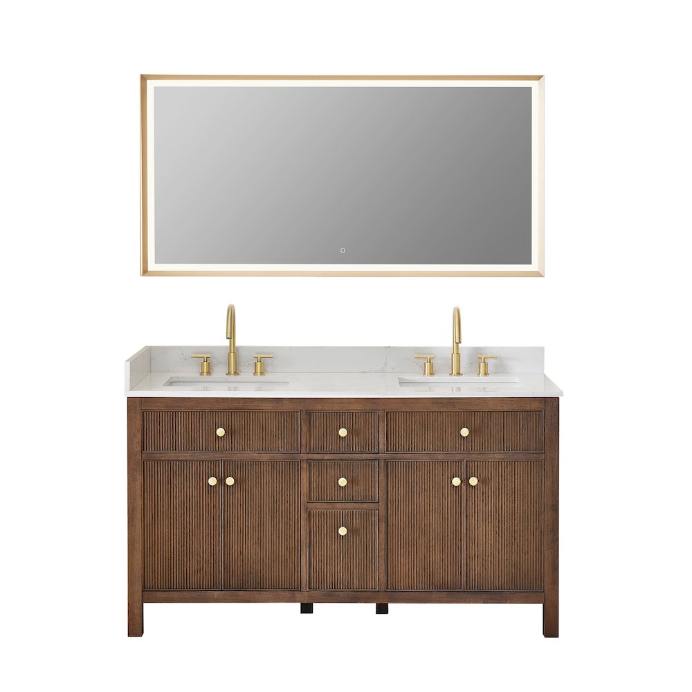 Double Bathroom Vanity in Brown Oak Grain White Engineered Stone Countertop