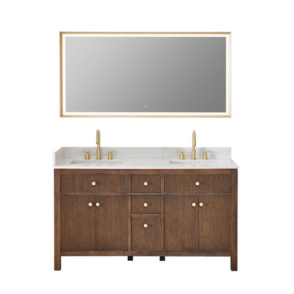Double Bathroom Vanity in Brown Oak Grain White Engineered Stone Countertop