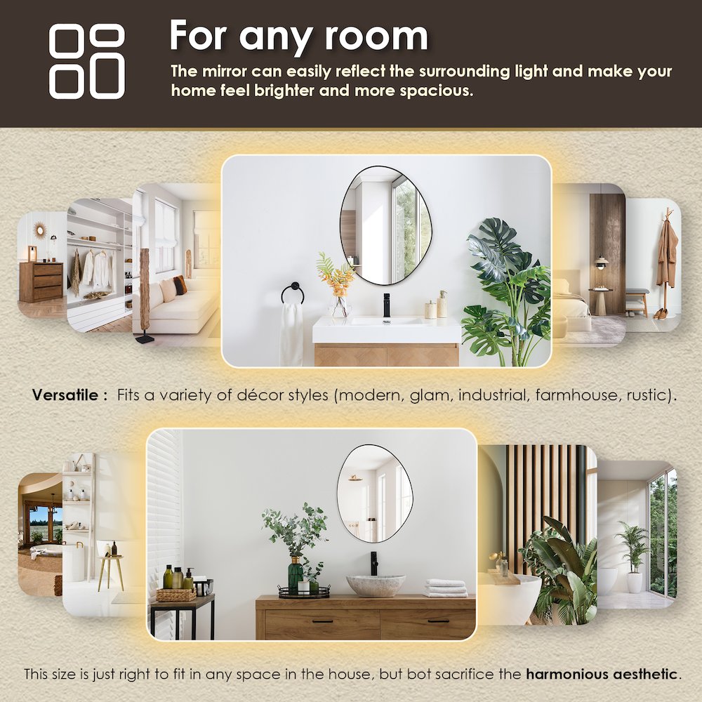 28"x36" Irregular Aluminum Framed in Matte Black Modern Bathroom Wall Mirror