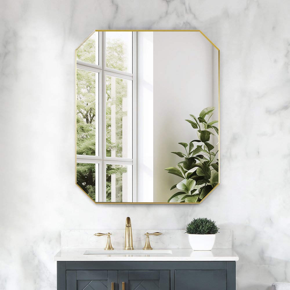 36"x30" Octagon Aluminum Framed in Brushed Gold Modern Bathroom Wall Mirror
