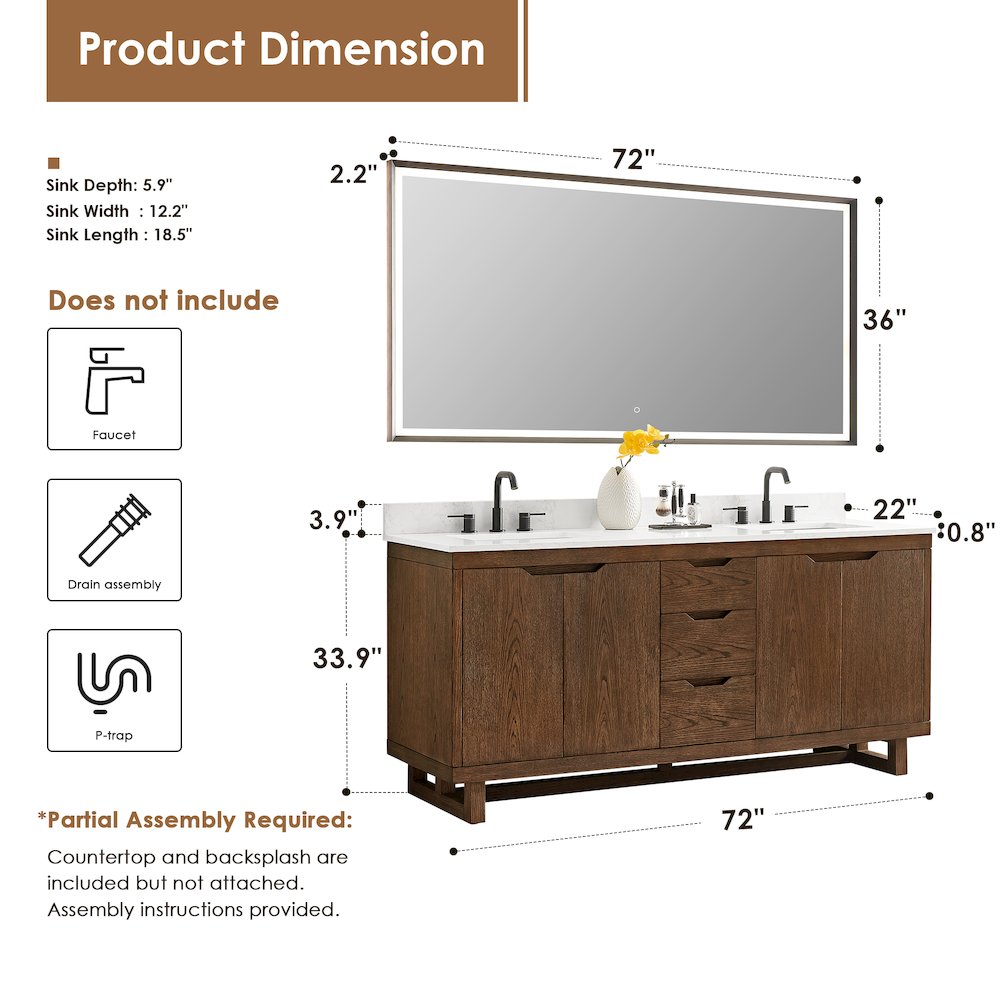 72" Double Bathroom Vanity in Brown Brushed Oak with Grain White