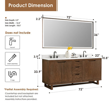 72" Double Bathroom Vanity in Brown Brushed Oak with Grain White