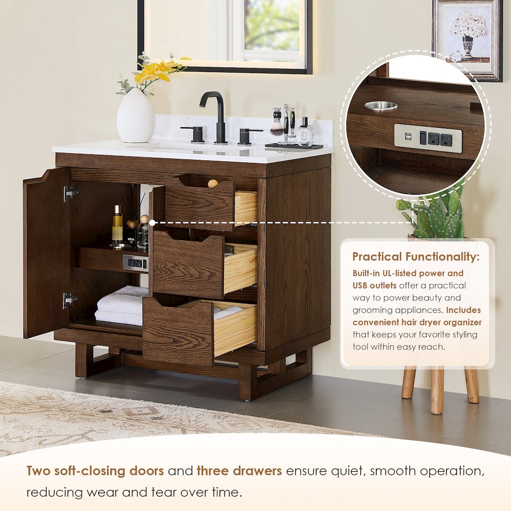 36" Single Bathroom Vanity in Brown Brushed Oak with Grain White
