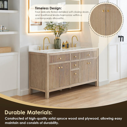Double Bathroom Vanity in Nature Oak Grain White Engineered Stone Countertop