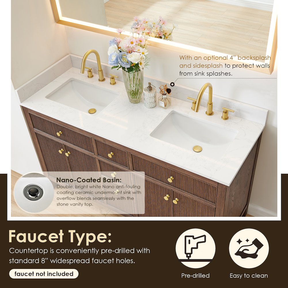 Double Bathroom Vanity in Brown Oak Grain White Engineered Stone Countertop