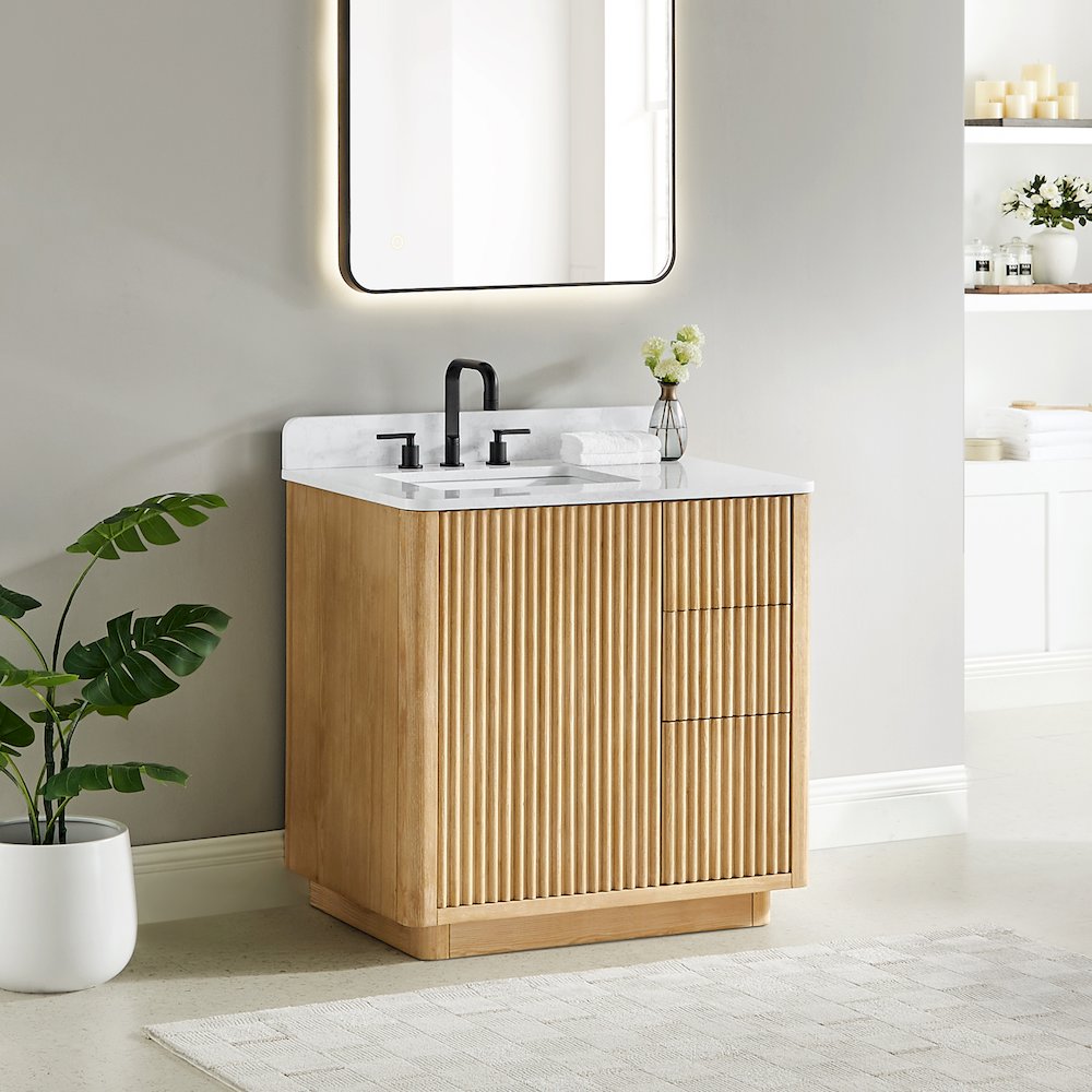 36" Single Bathroom Vanity in Washed Light Brown with Grain White