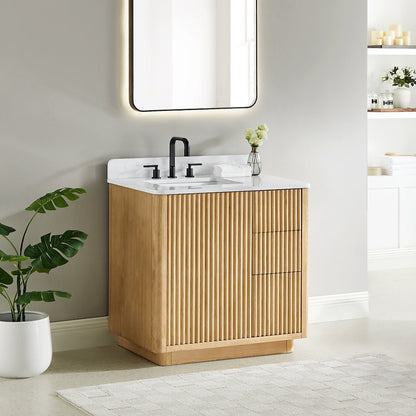 36" Single Bathroom Vanity in Washed Light Brown with Grain White