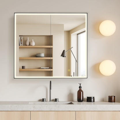 36"x32" Rectangular Bathroom Black Aluminum Mirror Medicine Cabinet