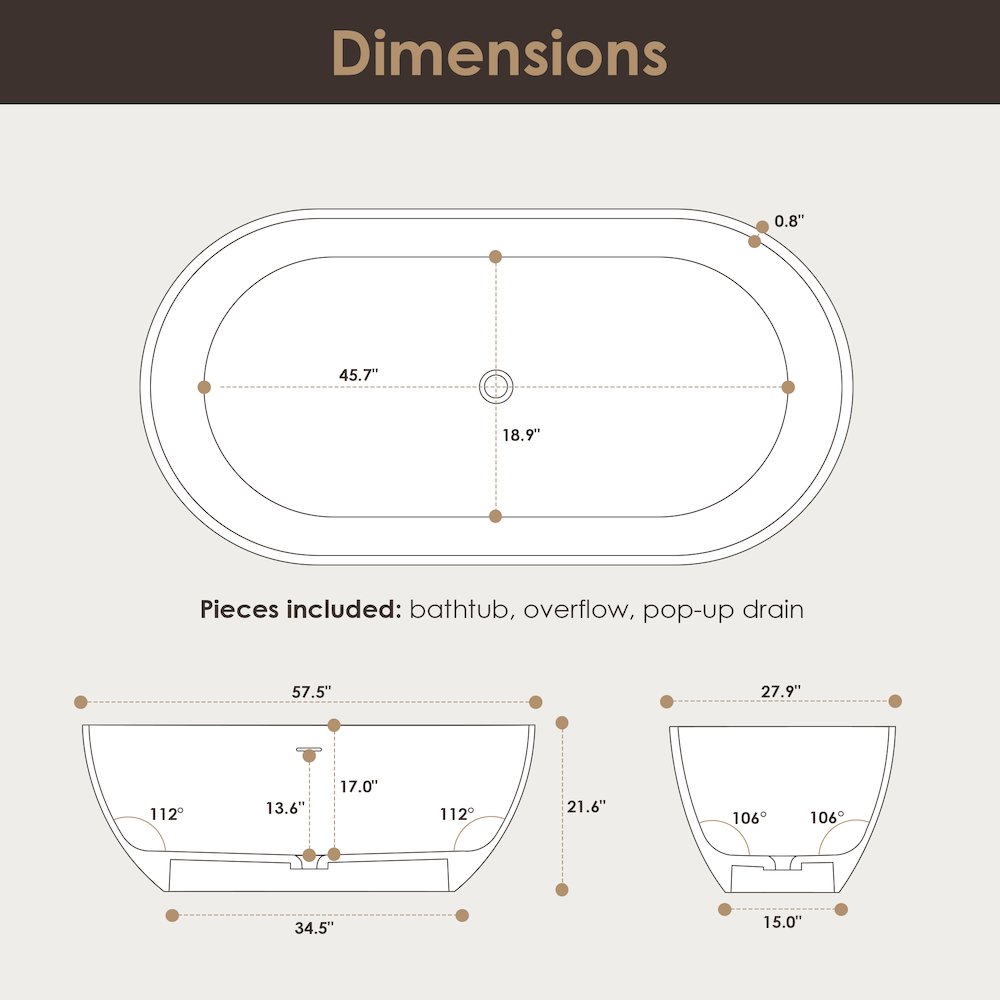 59" x 30" Solid Surface Soaking Bathtub and Integrated Overflow