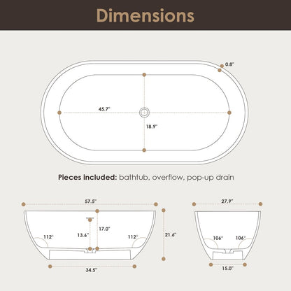 59" x 30" Solid Surface Soaking Bathtub and Integrated Overflow