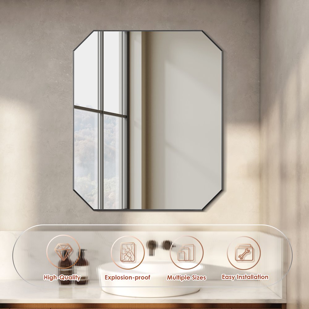 36"x30" Octagon Aluminum Framed in Matte Black Modern Bathroom Wall Mirror