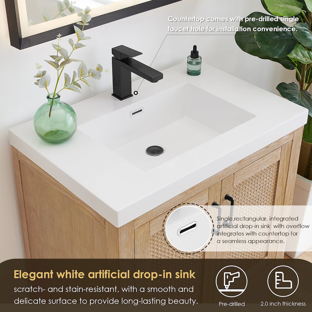 Single Bathroom Vanity in Light Brown White Artificial Drop-in Sink