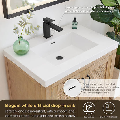 Single Bathroom Vanity in Light Brown White Artificial Drop-in Sink