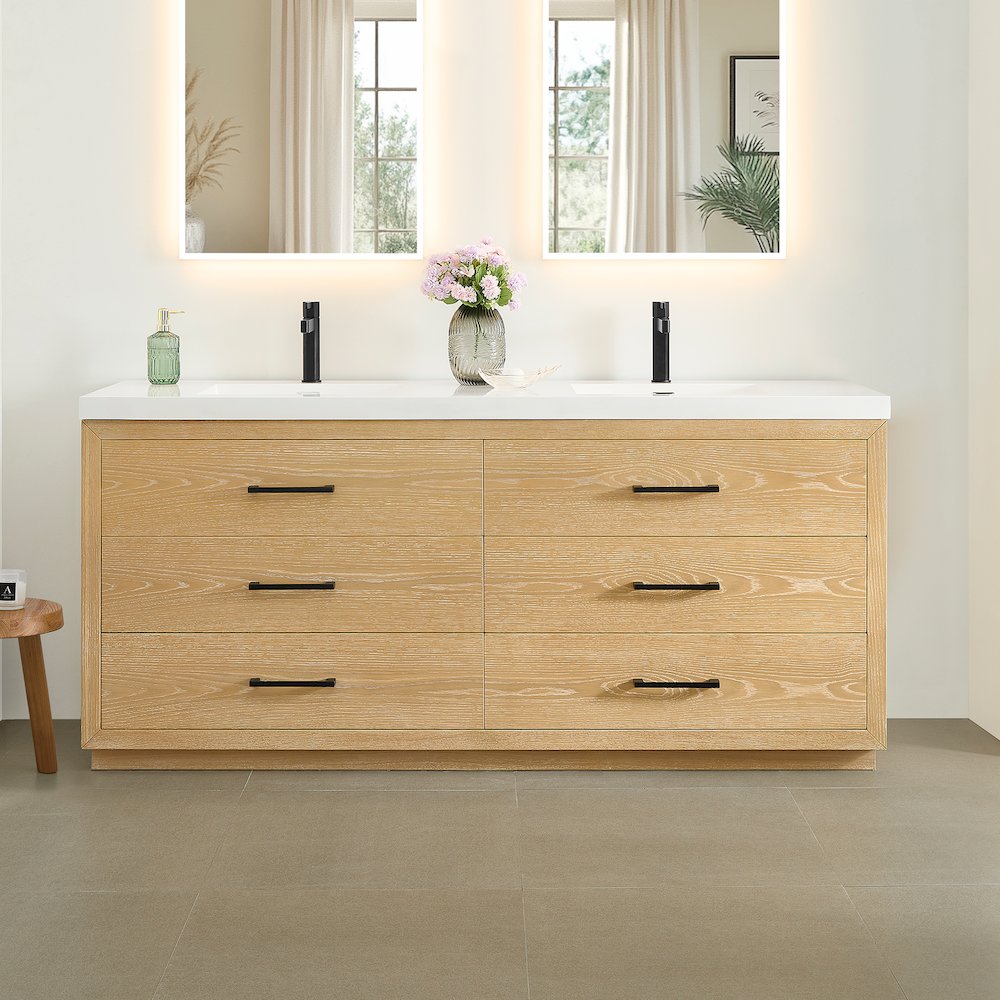 72" Double Bathroom Vanity in White Oak with White Artificial Drop-in Sink
