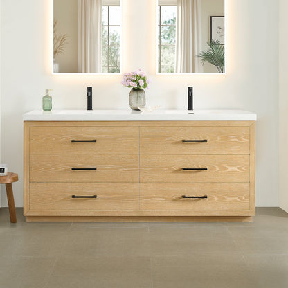 72" Double Bathroom Vanity in White Oak with White Artificial Drop-in Sink