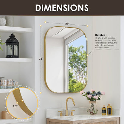 24x32" Rectangular Aluminum Framed in Brushed Gold Modern Bathroom Wall Mirror