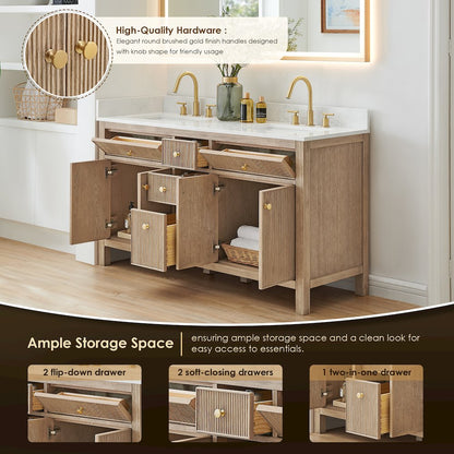 Double Bathroom Vanity in Nature Oak Grain White Engineered Stone Countertop
