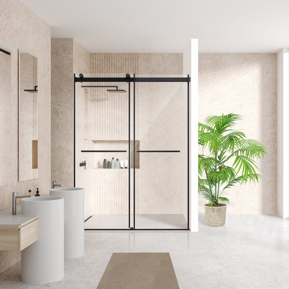 Frameless Exposed Roller Shower Door in Matte Black with Clear Glass