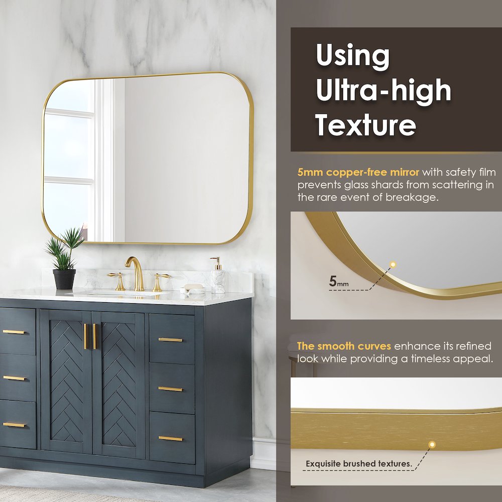 48x30" Rectangular Aluminum Framed in Brushed Gold Modern Bathroom Wall Mirror