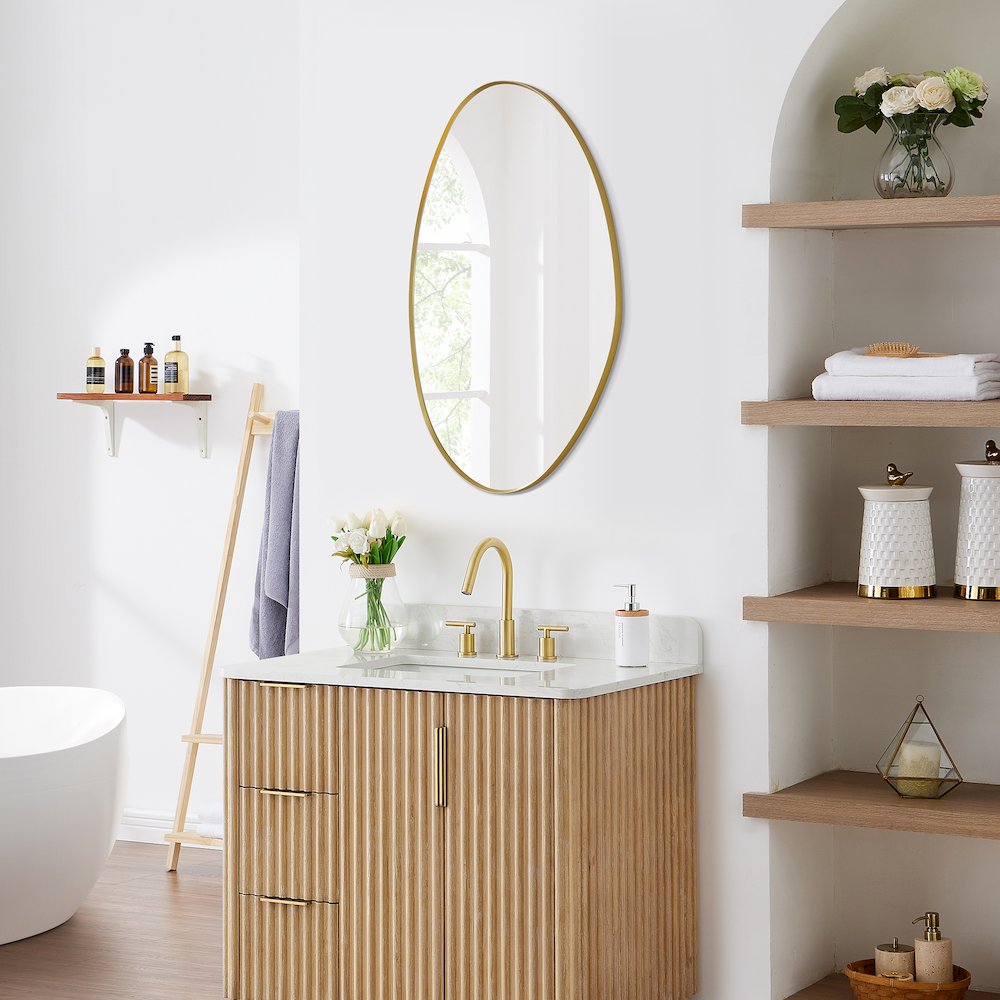 28"x36" Irregular Aluminum Framed in Brushed Gold Modern Bathroom Wall Mirror