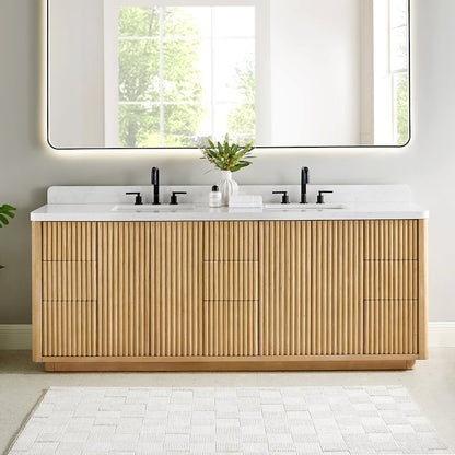 84" Double Bathroom Vanity in Washed Light Brown with Grain White