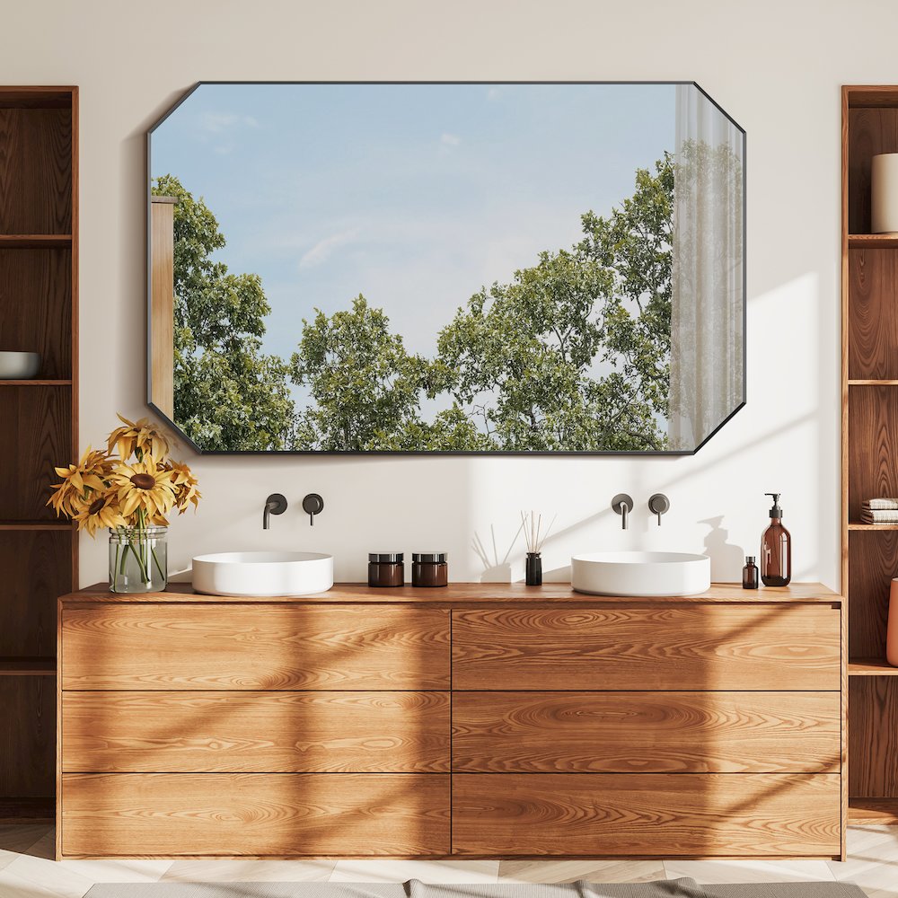 48"x30" Octagon Aluminum Framed in Matte Black Modern Bathroom Wall Mirror