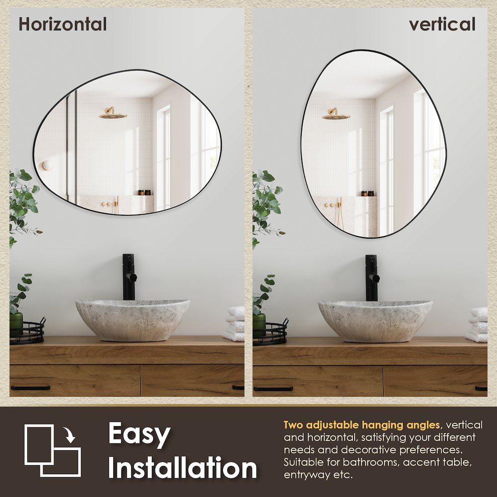 28"x36" Irregular Aluminum Framed in Matte Black Modern Bathroom Wall Mirror