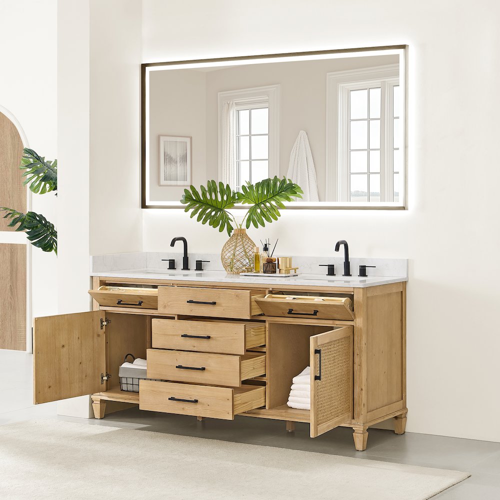 72" Double Bathroom Vanity in with Grain White Engineered Stone Countertop