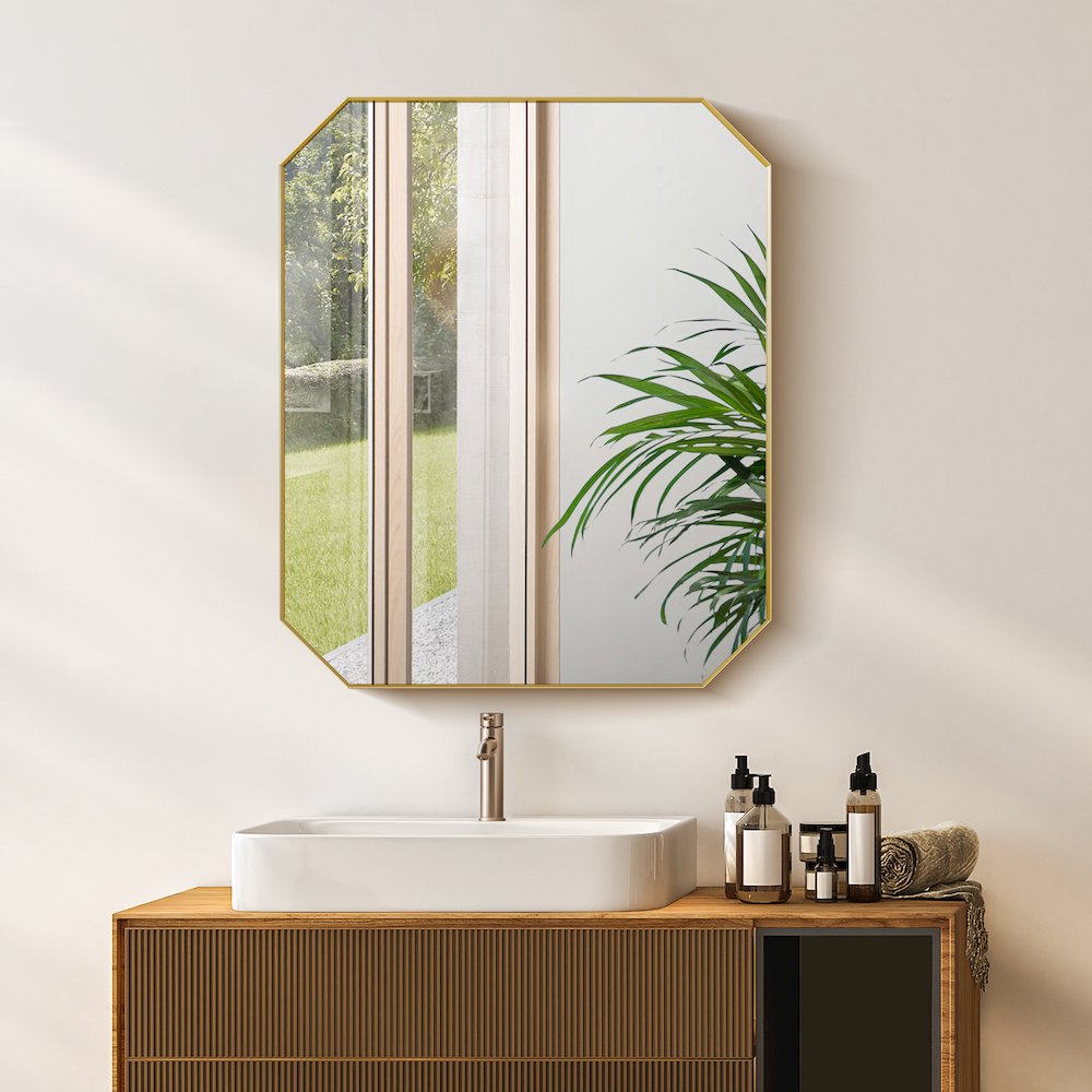 36"x30" Octagon Aluminum Framed in Brushed Gold Modern Bathroom Wall Mirror
