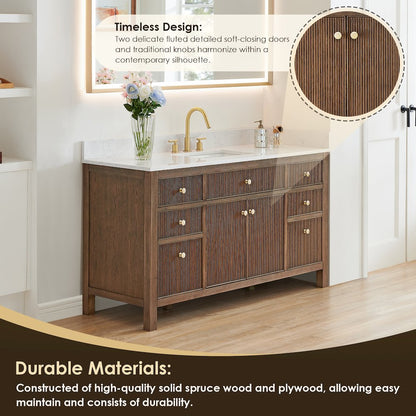 Single Bathroom Vanity in Brown Oak Grain White Engineered Stone Countertop