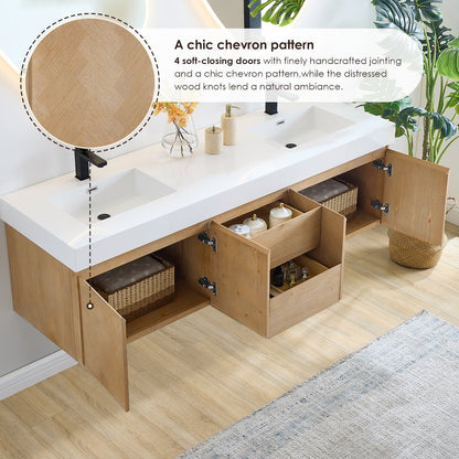 Double Bathroom Vanity in Light Brown White Artificial Drop-in Sink