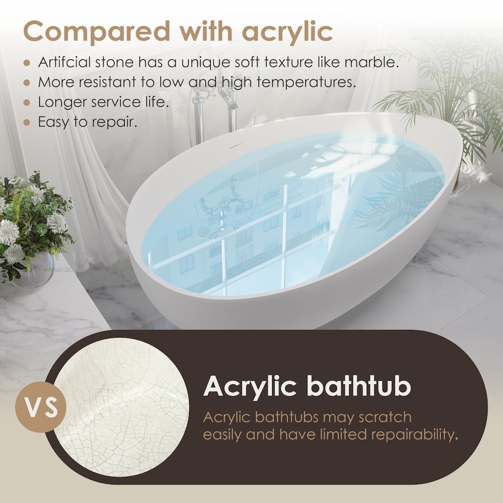 63" x 39" Solid Surface Soaking Bathtub and Integrated Overflow