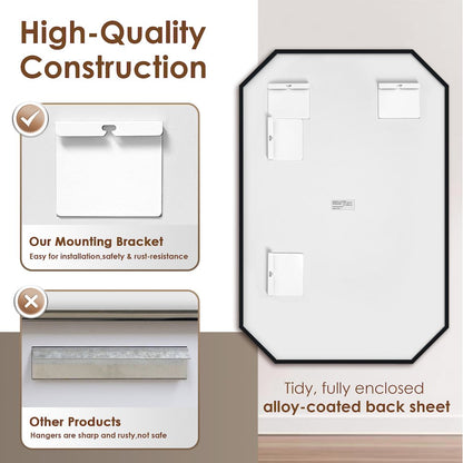 24"x36" Octagon Aluminum Framed in Matte Black Modern Bathroom Wall Mirror
