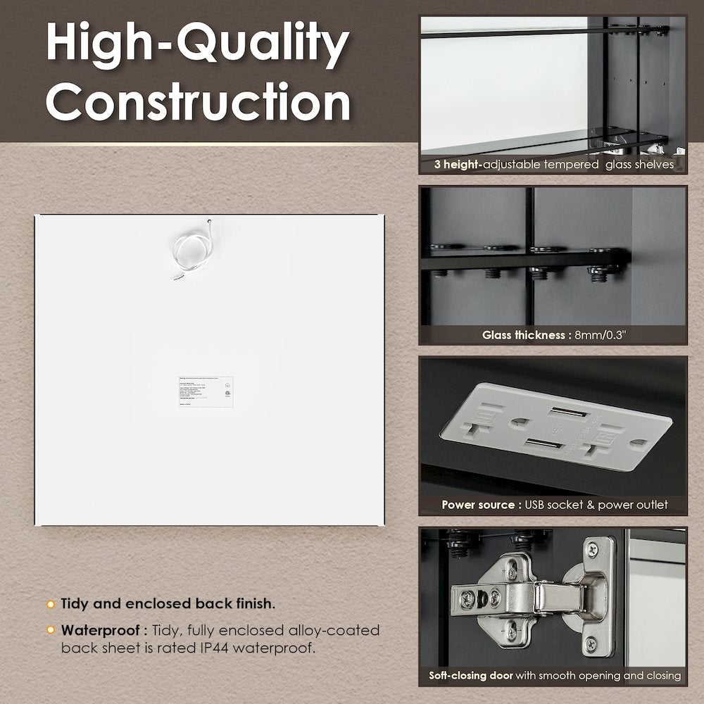 36"x32" Rectangular Bathroom Black Aluminum Mirror Medicine Cabinet