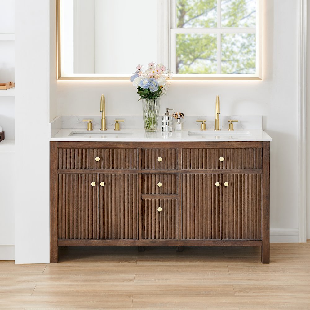 Double Bathroom Vanity in Brown Oak Grain White Engineered Stone Countertop