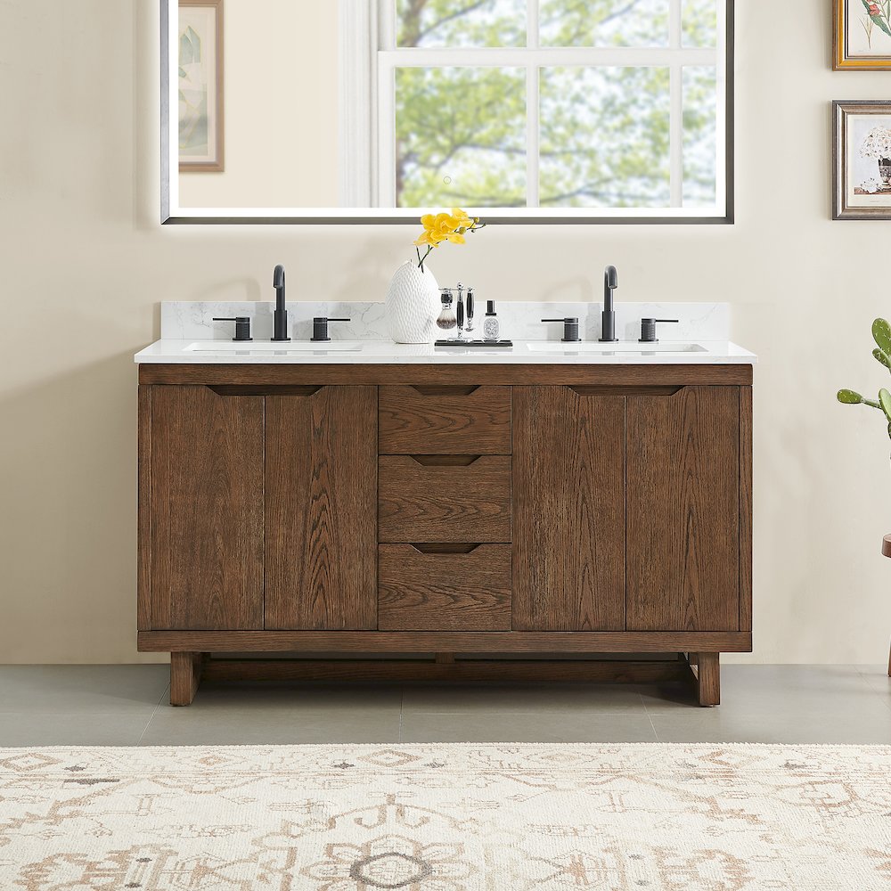 60" Double Bathroom Vanity in Brown Brushed Oak with Grain White