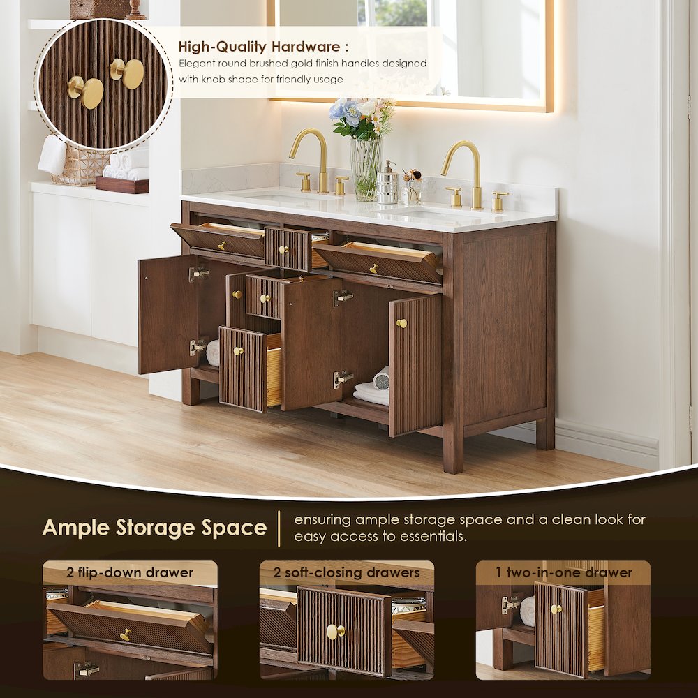 Double Bathroom Vanity in Brown Oak Grain White Engineered Stone Countertop