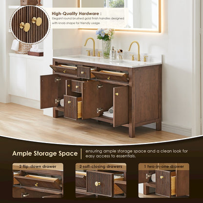 Double Bathroom Vanity in Brown Oak Grain White Engineered Stone Countertop