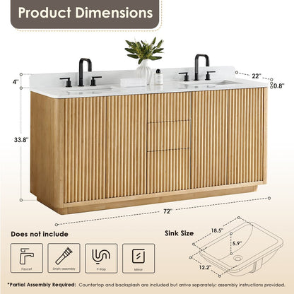 72" Double Bathroom Vanity in Washed Light Brown with Grain White