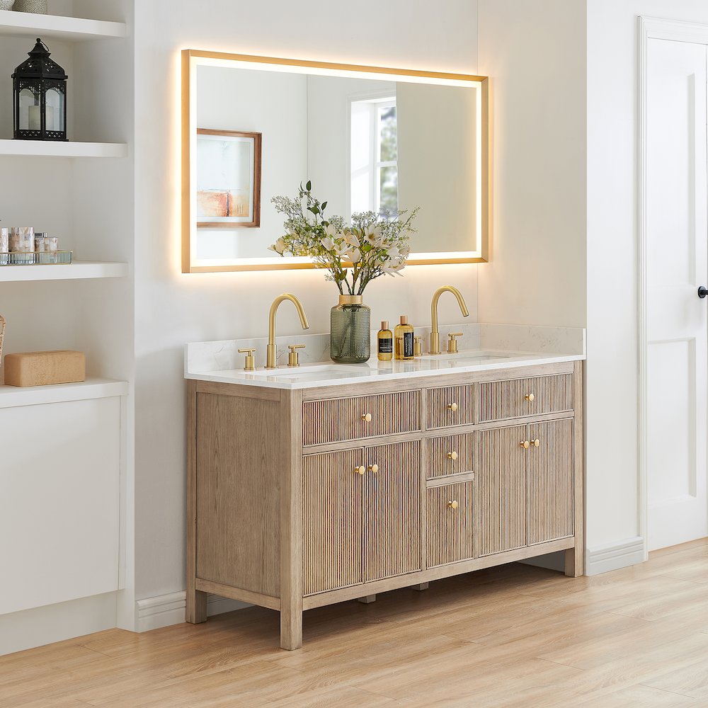 Double Bathroom Vanity in Nature Oak Grain White Engineered Stone Countertop