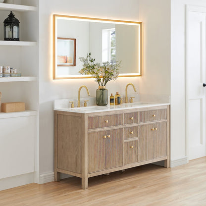Double Bathroom Vanity in Nature Oak Grain White Engineered Stone Countertop