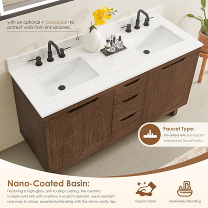 60" Double Bathroom Vanity in Brown Brushed Oak with Grain White