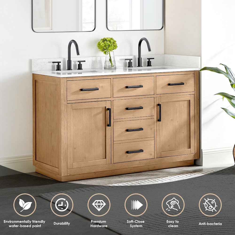 54" Double Bathroom Vanity in Light Brown with Grain White
