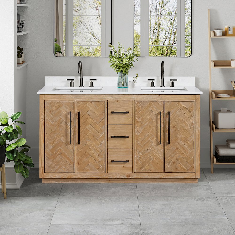 60" Double Bathroom Vanity Grain White Engineered Stone Countertop