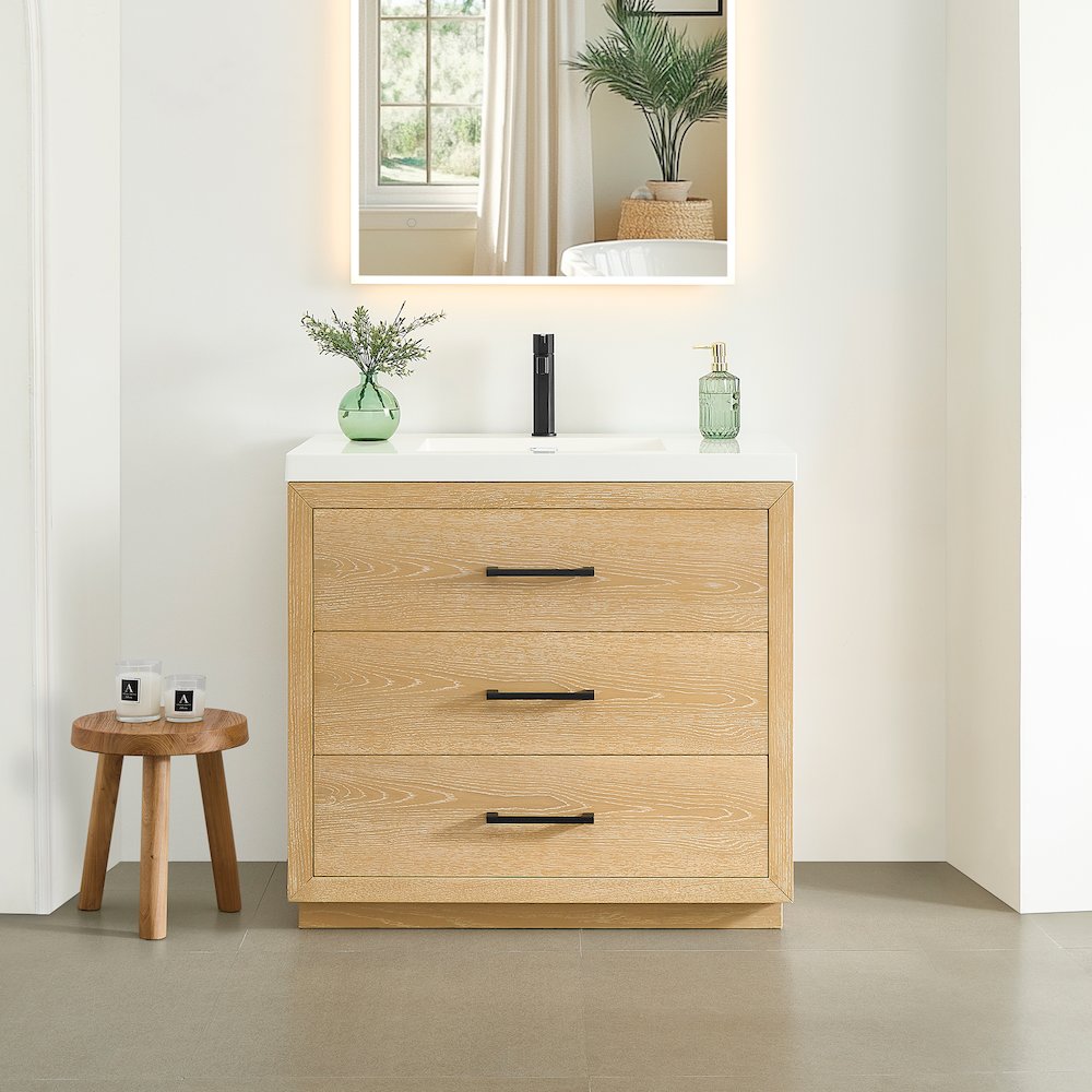 36" Single Bathroom Vanity in White Oak with White Artificial Drop-in Sink