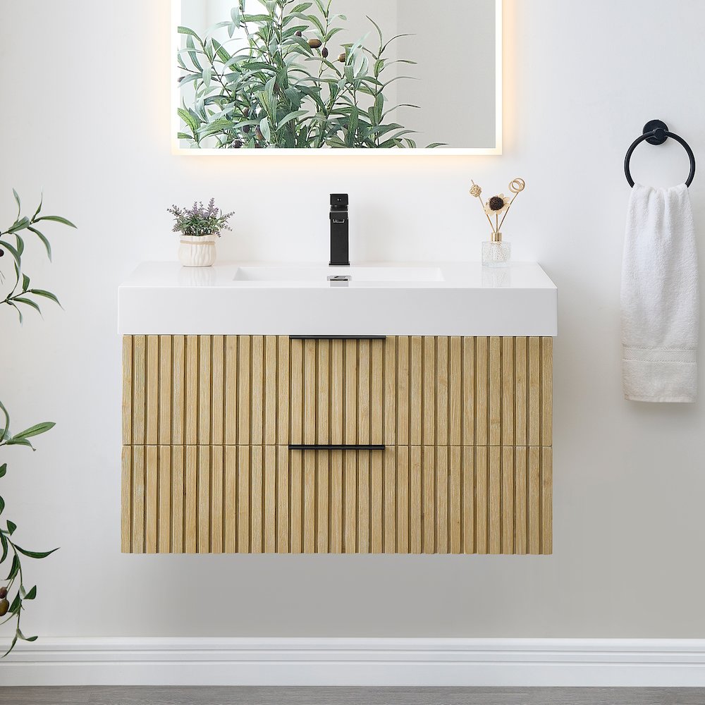 Single Bathroom Vanity in Nature Brown White Artificial Drop-in Sink