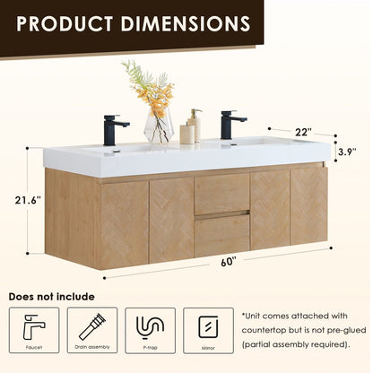 Double Bathroom Vanity in Light Brown White Artificial Drop-in Sink